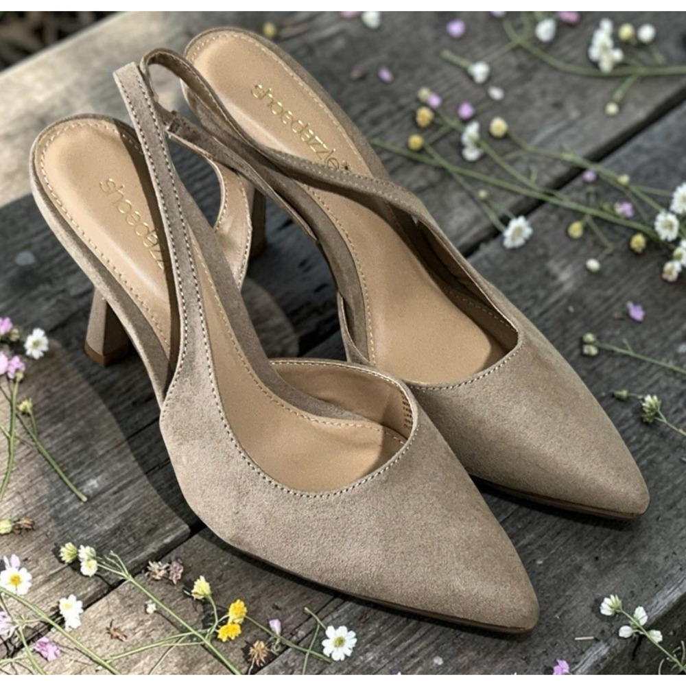 Shoe Dazzle Taupe Brit Sling-Back Flared Pump Heels Sz 8 Faux Suede 4" Heel